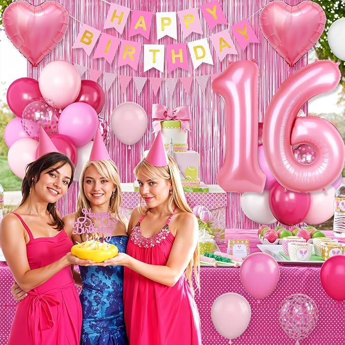 16th Birthday Decorations for Girls,Hot Pink 16th Birthday Balloons with Happy Birthday Banner Fringe Curtain Heart Foil Balloons for 16 Year Old Birthday Decor