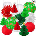 14PCS Christmas Honeycomb Hanging Paper Lantern Decorations Set, Pine Tree Star Christmas Hat Red Green White Snowflake Lanterns Paper Fans for Christmas Party Home Decoration Supplies