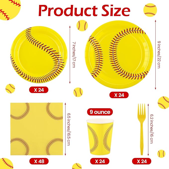 Kochorie 144 Pieces Softball Party Supplies, Sports Tableware Sets Including Disposable Paper Plates Napkins Cups Forks Serves 24 for Birthday Sports Softball Party Decorations