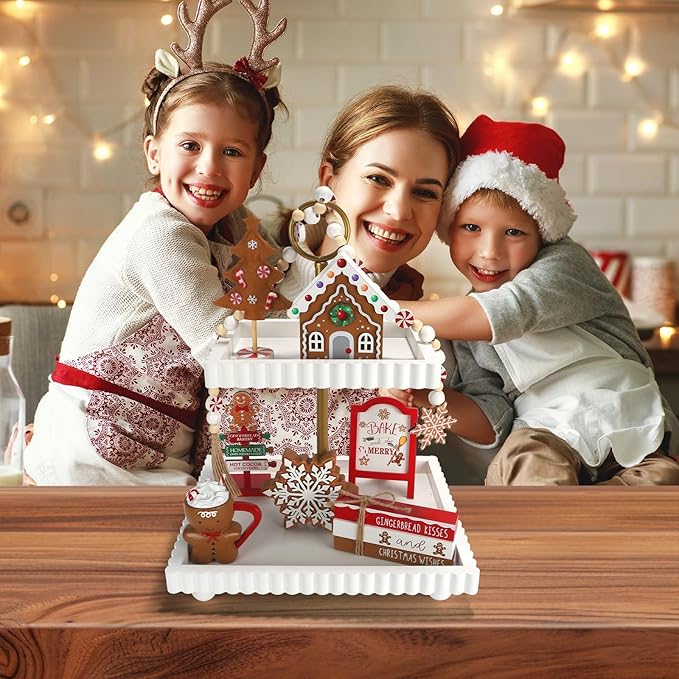 Gingerbread Christmas Decorations 8 PCS Tiered Tray Decor Set, Cute Tabletop Christmas Decor for Home Shelf Mantel Fireplace Office Desk Coffee Bar Xmas Table Centerpieces Tray Objects Holiday Baking