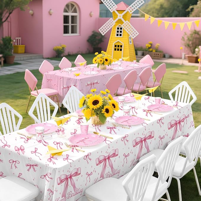 Pink Bow Happy Birthday Decorations Set for 24: Bachelorette Party Supplies Kit with Dinner & Dessert Plates, Napkins, Cups, Banner, Tablecloth - for Women's Tea Birthday Party Decorations