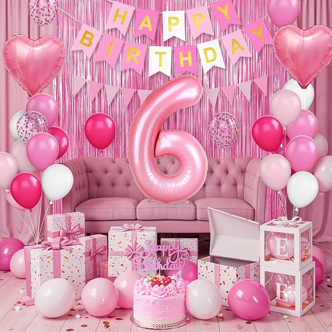 6th Birthday Decorations for Girls: Hot Pink Balloons, Happy Birthday Banner, Fringe Curtain, Cake Topper, Heart Foil Balloons