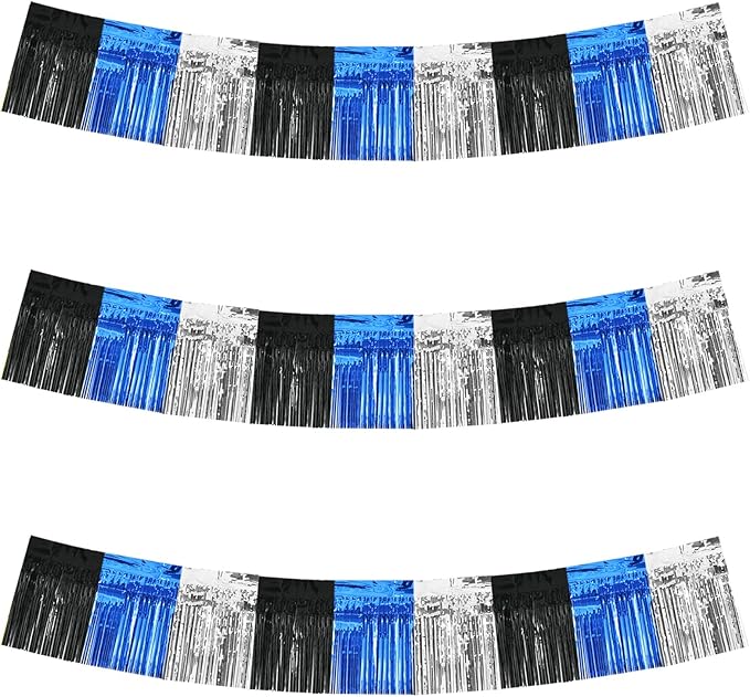 BEISHIDA 3 Packs Metallic Foil Fringe Garland Black Blue Silver Wall Hanging Tinsel Fringe Banners for Car Floats Bridal Shower Wedding Birthday Graduation Holiday Party Decoration(30 Feet)