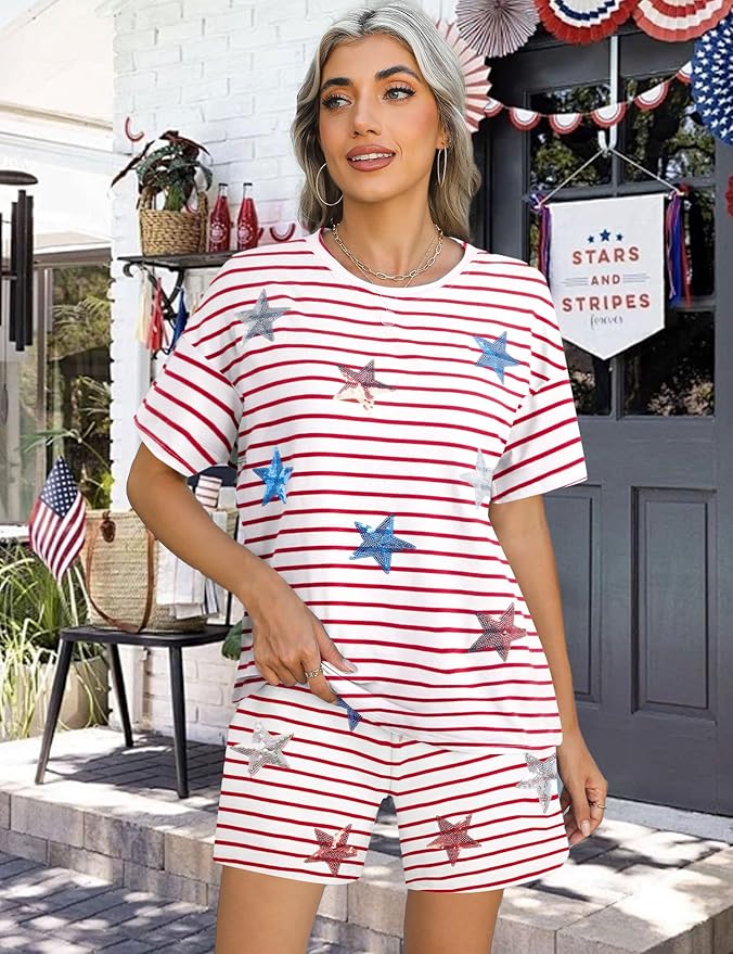 VILOVE 4th of July 2 Piece Sequin Outfits Women 250 Anniversary Usa Shirts and Short Sets Casual Patriotic Shirt Summer Set