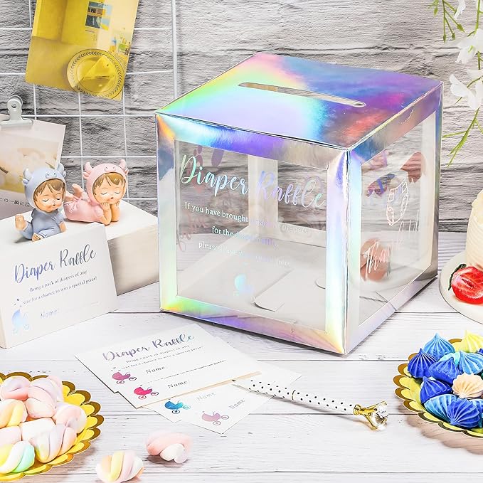 Funrous 51 Diaper Raffle Tickets with Box for Baby Shower Game Invitations Diaper Raffle Card for Gender Reveal Baby Shower Party Decoration Table Centerpiece(Clear Laser Silver)