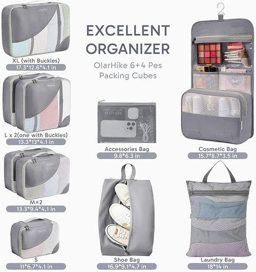 10 Set Packing Cubes for Travel, Gifts for Women Mom,Anti-Tearing Suitcase Organizer for Luggage with Shoe & Hanging Toiletry Bag,OlarHike Vacation Essentials & Accessories for Cruise Ship