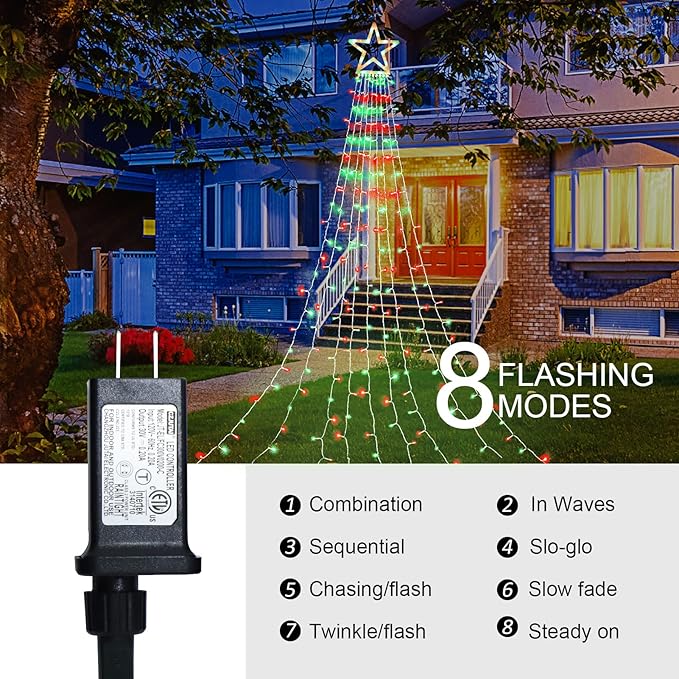 PUHONG Christmas Star Lights,16.4Ft 320 LED Christmas Decoration String Lights[8 Modes & Waterproof ],with 11" Lighted Star for Halloween Xmas New Year (Plastic Star-Red & Green)