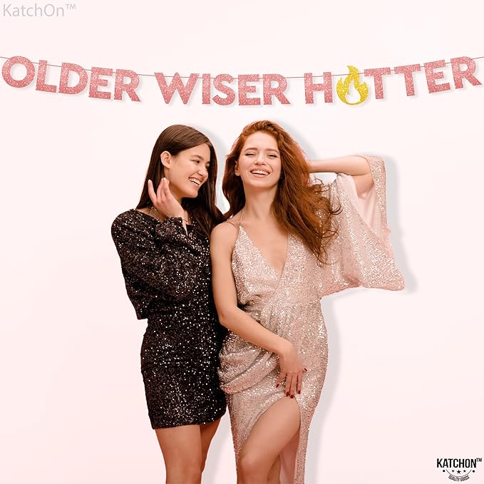 KatchOn, Glitter Older Wiser Hotter Banner - No DIY, 10 Feet | Rose Gold Birthday Banner, Birthday Decorations For Adult Women | 30th 40th 60th 70th 50th Birthday Decorations Sign
