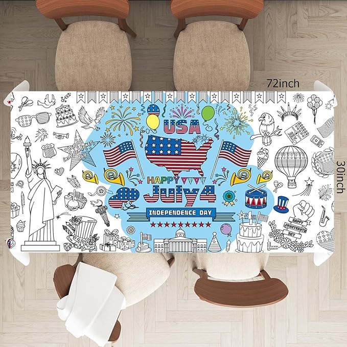 4th of July Giant Coloring Tablecloth,Patriotic Giant Poster 30x72 for Independence Day, Decor American Flag Poster TableCover,Kids Art Crafts Coloring for Classroom School Party Tablecloth