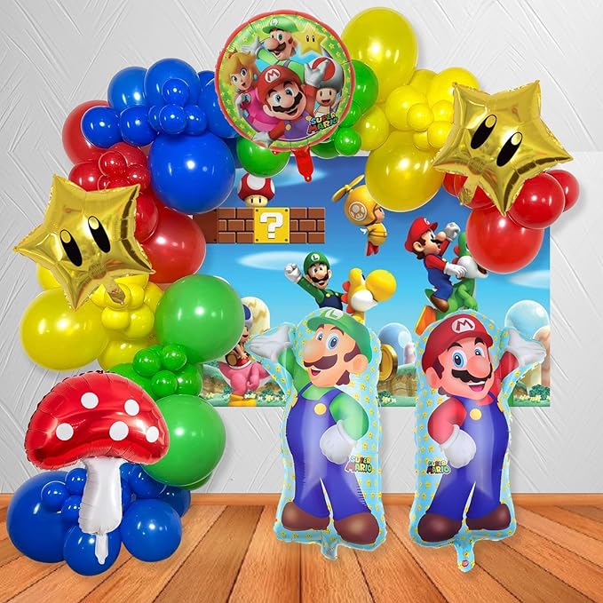 Mario Birthday Party Supplies, 133Pcs Balloons Arch Garland Kit, Assorted Latex Foil Balloons for Mario Birthday Party Decorations