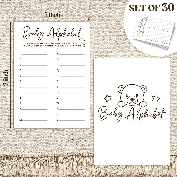 30 PCS Cute Bear Baby Alphabet Baby Shower Game for Boy Girl, Double-Sided Games Gender Neutral Gender Reveal Party Supplies & Decor-C17