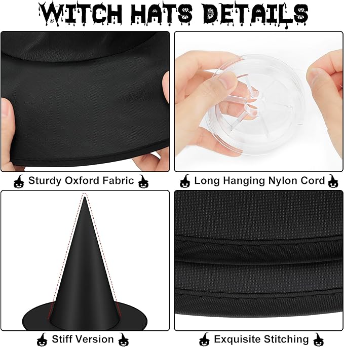 Halloween Hanging Witch Hats & Costume Accessories, 328 FT Nylon Cord Wizard Hats, Indoor Outdoor Decorations for Home, Yard, Porch, Ceiling, Black, 12 PCS