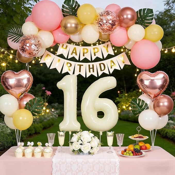 Sweet 16 Birthday Decorations for Girl, Retro Sand White and Cream Balloon Garland Kit, Cream Number 16 Balloon, Pink Happy 16th Banner, 16 Year Old Party Supplies