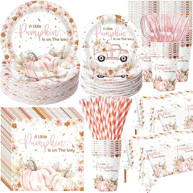 452 Pcs Little Pumpkin Baby Shower Decorations for 50, Pink a Little Pumpkin Is on The Way Paper Plates Napkins Cups Tablecloth Cutlery Straws for Autumn Fall Thanksgiving Party Supplies