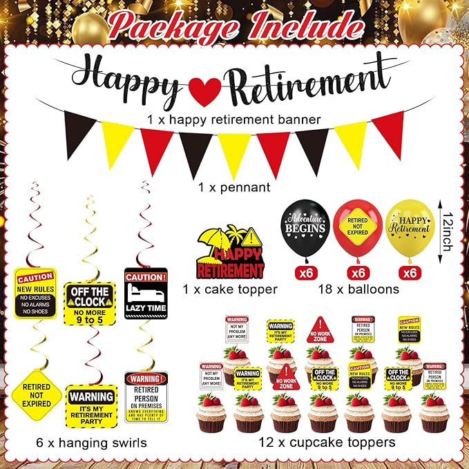 39pcs Funny Retirement Party Decorations for Men Women, Vintage Caution Happy Retirement Banner Balloons Hanging Swirls Pennants Cake Cupcake Toppers Funny Retired Party Supplies for Farewell