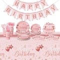 Vesici 171 Pcs Happy Birthday Party Supplies 24 Set Disposable Party Tableware include Plates Cups Napkins Cutlery and Banner Tablecloth Birthday Dinner Decorations for Men Woman(Pink, Rose Gold)