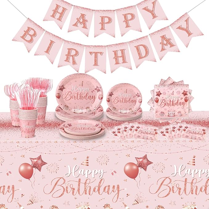 Vesici 171 Pcs Happy Birthday Party Supplies 24 Set Disposable Party Tableware include Plates Cups Napkins Cutlery and Banner Tablecloth Birthday Dinner Decorations for Men Woman(Pink, Rose Gold)