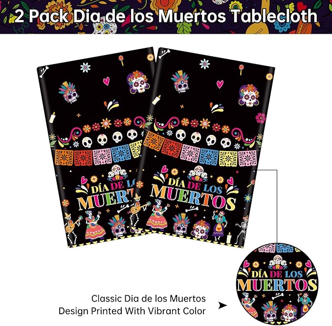 2 Pcs Day of The Dead Table Cloth - Plastic Dia De Los Muertos Tablecloth, Disposable Sugar Skull Floral Table Cover for Halloween Mexican Fiesta Party Decorations Supplies Favors, 108 x 54 Inch