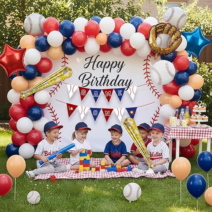 Baseball Birthday Party Decorations & with Red White Blue Nude balloon arch & Baseball Bat Gloves stars Foil balloons for Kids Fans Game Day sports Themed Rookie of the Year Party Decor Supplies