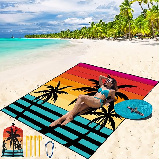 WIWIGO Beach Blanket Waterproof Sandproof Beach Mat 79" X 83"/10'x9'for 2-8 Adults Quick Drying Outdoor Picnic Mat Beach Accessories for Travel, Camping, Hiking