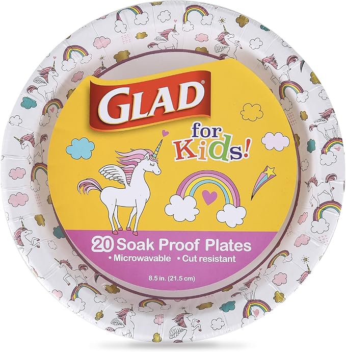 Glad for Kids Unicorn Theme Kids Plates, Heavy-Duty Round Disposable Paper Plates with Soak-Proof Coating, Microwave Safe for Snacks & Meals, Cute Unicorn Print, 8.5 Inch, 20 Count - 6 Pack