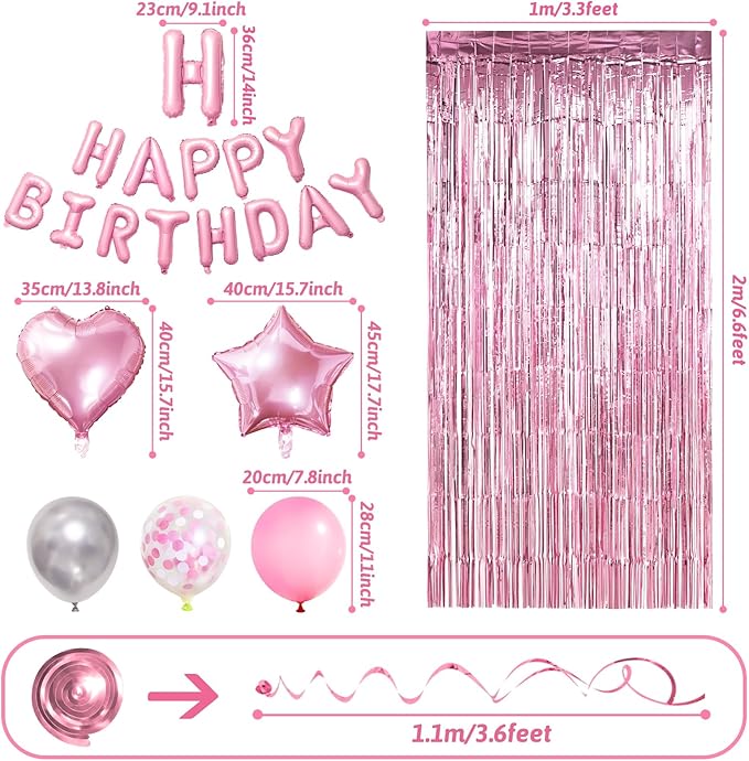 Pink Birthday Decorations, Happy Birthday Banner, Confetti Balloons, Fringe Curtain, Heart Star Foil Balloons, Hanging Swirls for Women Girls Princess Party Decorations