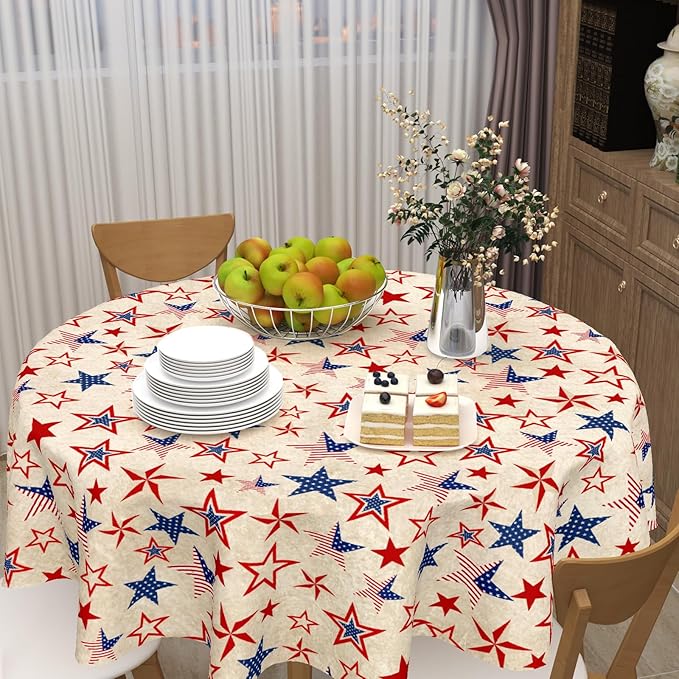 Vintage Fourth of July Tablecloth Round 60 Inch 4th of July Patriotic Outdoor Table Cloth Rustic USA Memorial Day Table Cover for Kitchen Dinner Room Holiday Party Home Independence Day Decor
