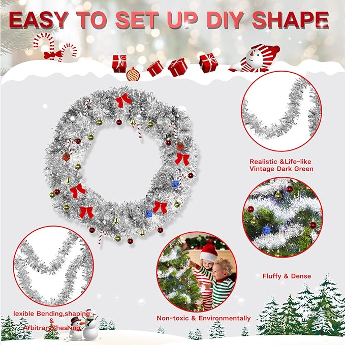 4 Pack Silver Tinsel Garland - 200Ft Metallic Hanging Tinsel for Christmas Tree, Home & Party Decorations Indoor/Outdoor