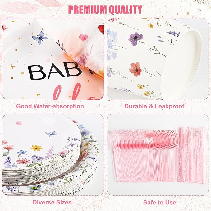 Kochorie 175 Pieces Wildflower Spring Floral Party Supplies Baby in Bloom Tableware Set 7 Inch & 9 Inch Paper Plates Napkins Cups Cutlery for Spring Picnic Baby Shower Decoration, Serve 25 Guests
