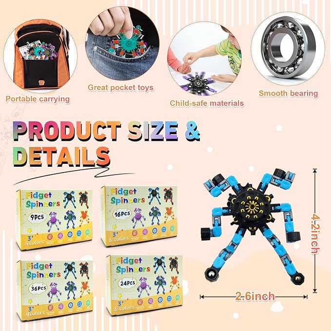 Transformable Fidget Spinners,Funny Stress Relief Sensory Fidget Toys,Deformable Chain DIY Robot Fingertip Gyros Toys Party Favors Easter Basket Stuffers for Kids and Adults (36PC)