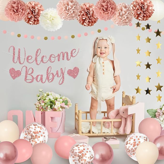Amandir Dusty Pink Girl Baby Shower Decorations Welcome Baby Banner, Cake Topper, Paper Lanterns, Gold Balloons Pom Poms Flowers Tassels, Circle Dots Star Garland Gender Reveal Birthday Party Supplies