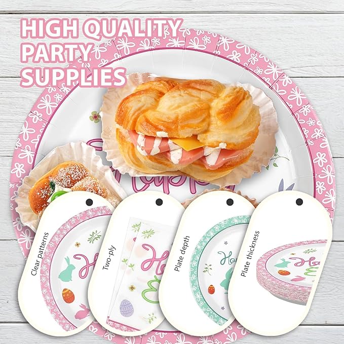 96Pcs Happy Easter Plates and Napkins Bunny Egg Disposable Easter Plates Egg Bunny Colorful Disposable Easter Paper Tableware Set for Happy Easter Spring Celebrations Birthday Party Supplies Serves 24