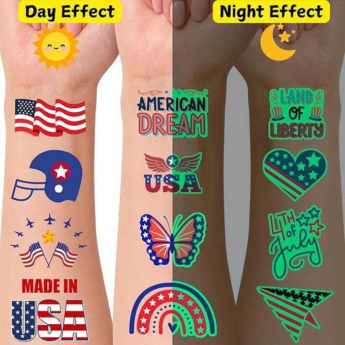 4th of July Temporary Tattoos Luminous 4th of July Decorations Favors Party Supplies Accessories American USA Independence Day Memorial Labor Day Fourth of July Red White Blue Glow in Dark Patriotic
