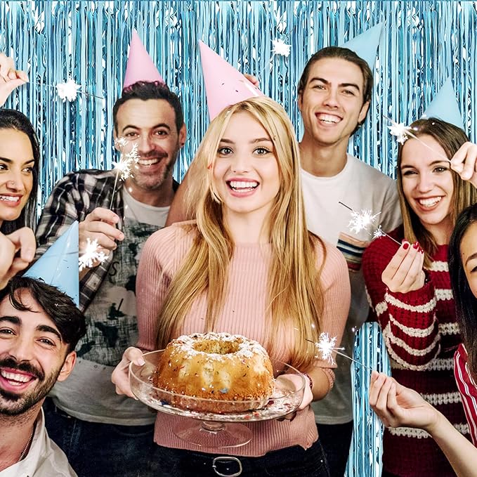 3 Pack Light Blue Foil Fringe Curtain Backdrop, 3.28Ft x 6.6Ft Metallic Tinsel Foil Fringe Streamer Curtains for Photo Booth, Christmas Day, Thanksgiving, Wedding, New Year Party Decorations