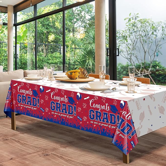 3 Pack Graduation Tablecloth Party Decorations, Class of 2026 Congrats Grad Plastic Tablecover Party Supplies, Red and Blue Rectangle Graduation Table Decor for College High School Party, 54 x 108Inch