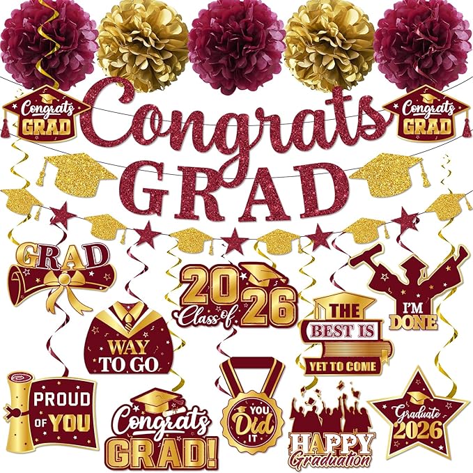 Maroon Graduation Decorations 2026, Glitter Congrats Grad Banner Hanging Swirls and Tissue Pom Poms, Maroon and Gold Graduation Decorations for Class of 2026 College Graduations Party Decorations