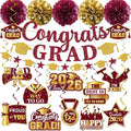 Maroon Graduation Decorations 2026, Glitter Congrats Grad Banner Hanging Swirls and Tissue Pom Poms, Maroon and Gold Graduation Decorations for Class of 2026 College Graduations Party Decorations
