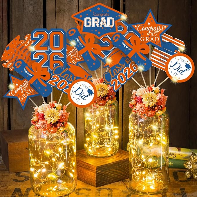 OuMuaMua Graduation Decorations Class of 2026-30pcs Blue Orange Graduation Table Centerpieces Sticks Table Toppers with Lights for College High School Congrats Grad Party Supplies