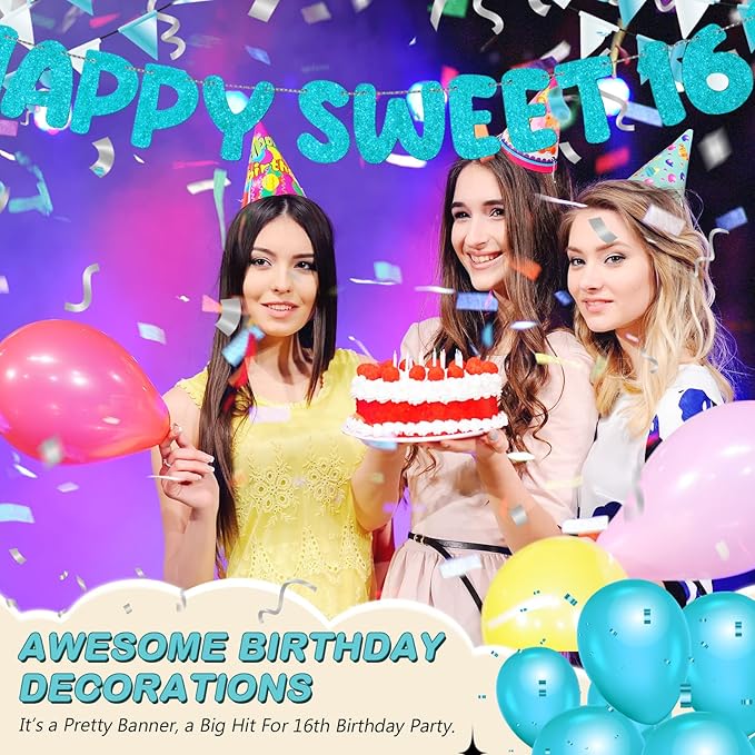 Fulmoon Pre Strung Happy Sweet 16 Banner Glitter Sixteenth Birthday Party Decorations 16th Party Sign Sweet 16 Party Decorations for Birthday Party Bachelorette Party(Sky Blue)