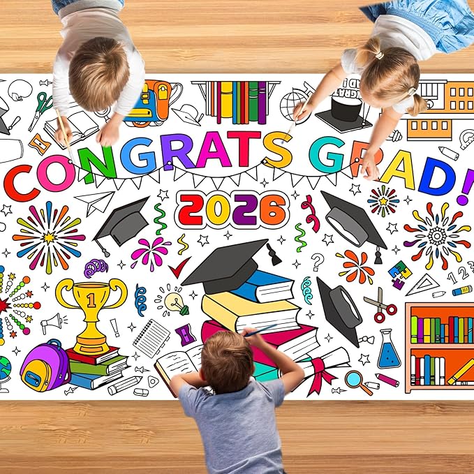 Graduatio Giant Coloring Poster,30x72 Inch Graduation Drawing Coloring Tablecloth DIY for Kids Preschool Graduation Activities Home Classroom Party Suppiles Large Congrats Card Coloring Table Cover