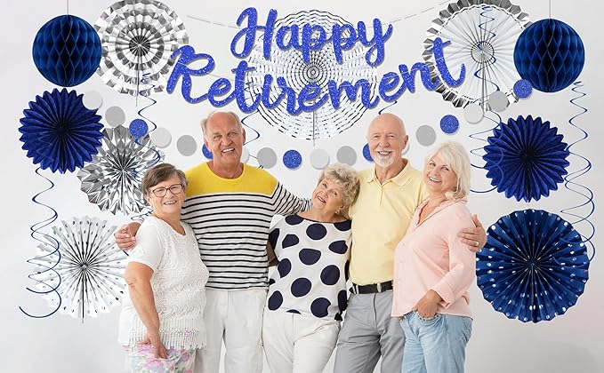Holkcog Blue Retirement Party Decorations for Men Women, Silver Blue 19pc Happy Retired Banner,Paper Lanterns Streamers,Tissue Pom Poms Honeycomb Flower Fan, Coworker Hanging Retired Decor Supply