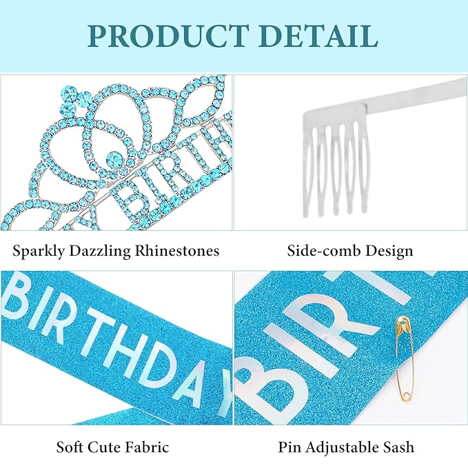 CAVETEE Birthday Crowns for Women - Its My Birthday Sash and Crown Set for Adult Women - Party Decorations and Gifts (Blue)