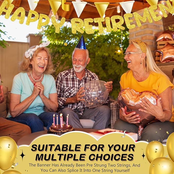 Fulmoon Pre Strung Happy Retirement Banner Glitter Retirement Sign Funny Official Retired Decor Party Decorations Supplies for Men Women Gifts (Gold)