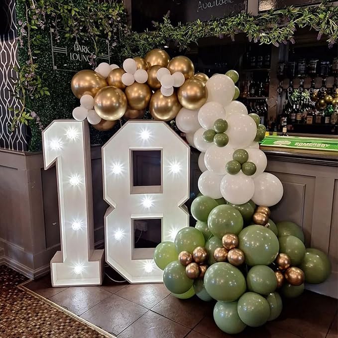 Sage Green White Gold Balloons Garland Arch Kit, 144Pcs 18/12/10/5Inch Sage Green White Metallic Gold and Confetti Latex Balloons for Birthday Baby Shower Engagement Wedding Party Decorations