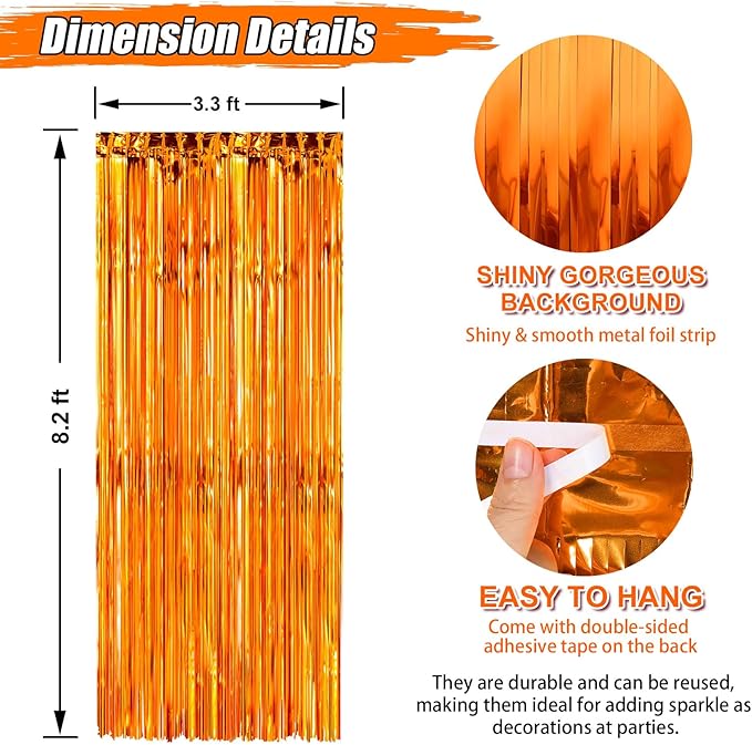 2 Pack Orange Foil Fringe Curtains Streamers Party Decorations 3.3 x 8.2 ft, Pink Tinsel Curtain Fringe Backdrop for Parties, Door Fringe Birthday Streamers, Barbie Backdrop Birthday Party Decorations