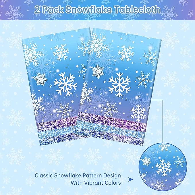 2 Pcs Winter Snowflake Tablecloth Plastic - Disposable Frozen Table Cloth, Purple Blue Rectangle Winter Wonderland Table Cover for Christmas Winte Holiday Tables Decor Party Supplies Favors,54x108Inch