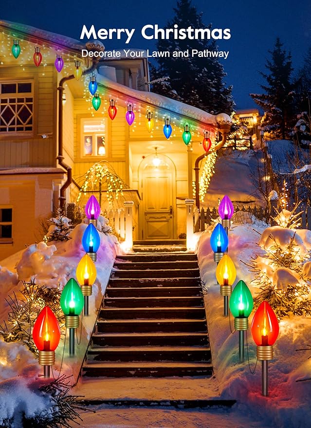 Brightown 4 Pack Jumbo C9 Christmas Pathway Lights Outdoor Decorations Lawn with Stakes,Total 34Ft 20 LED String Lights Covered Jumbo Multicolored Walkway Light Bulb for Holiday Outside Yard Decor