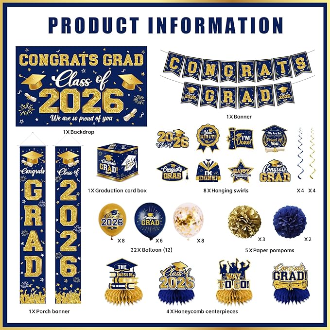 2026 Graduation Decorations - Navy Blue Congrats Grad Party Supplies include Card Box, Backdrop, Banner and Balloons for Class of 2026 Decorations Set