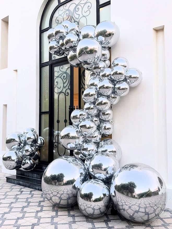 12 Pcs Silver Foil Balloons, 22" 15" 10" 4D Ball Shape Balloons Mirror, Different Size Metallic Silver Balloons for Disco Graduation Birthday Wedding New Year Baby Shower Party decorations Backdrop