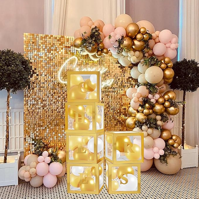 Ledido Gold Transparent Balloon Boxes With 78 Letters & Numbers, Baby Boxes with Letters for Baby Shower Clear Letter Boxes for Party Graduation Wedding Birthday Baby Shower Decorations 6 PCS